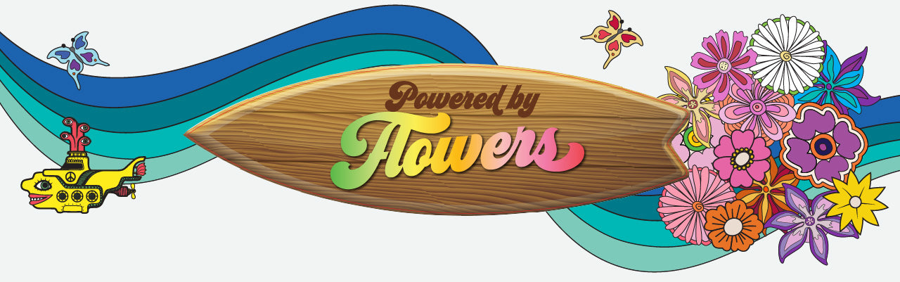 Wooden sign saying "Powered by Flowers" with colorful text, surrounded by various vibrant flowers, butterflies, and a yellow submarine on a blue and green wave background.