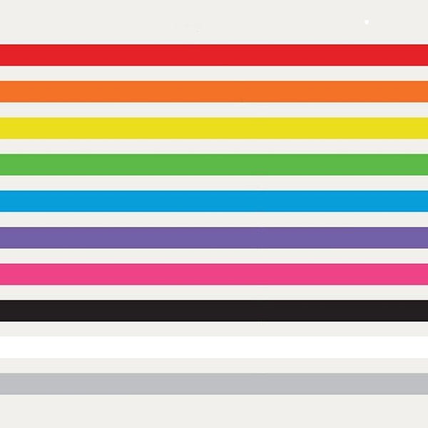 An image displaying a collection of horizontal colored 2" Stripe Decals, suitable for indoor or outdoor use, each labeled with a color name including red, orange, yellow, green, blue, purple, pink, black by Cover-Alls.