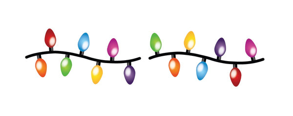 Featuring the vibrant Cover-Alls Christmas Lights Decals, this illustration showcases two strands of festive holiday lights arranged in a repeating pattern of red, green, blue, yellow, and purple bulbs. These dazzling decorations instantly infuse any space with holiday cheer.