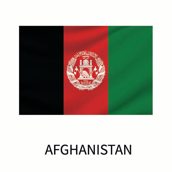 Flag of Afghanistan featuring three vertical stripes in black, red, and green with the national emblem in the center, available as a Cover-Alls Flags of the World Decals custom size decal.