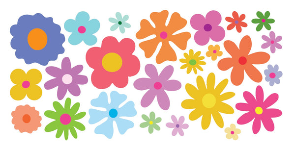 The Cover-Alls "Colorful Groovy Flowers" pattern features a vibrant array of abstract floral designs in orange, pink, blue, yellow, and green on a white background, capturing the playful 60s style.