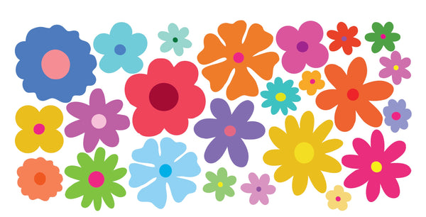 Cover-Alls' Colorful Groovy Flowers boasts a lively mix of vibrant flowers in diverse sizes and shapes on a clean white background, bringing a playful 60s vibe.