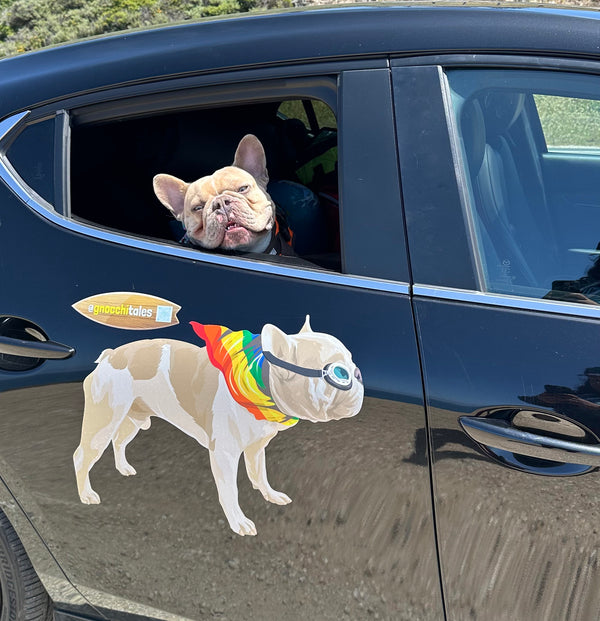 A French Bulldog peeks out of the rear window of a black car, which has a large decal featuring a Cover-Alls Custom Pet Drawing of a similar-looking dog wearing goggles and a rainbow-colored cape.