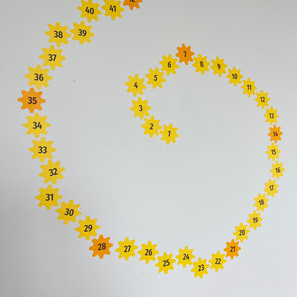 A spiral number chart from 1 to 42, with each number inside a yellow star shape. Some stars are orange with higher numbers. The sequence starts small in the center and gradually increases in size, making it a vibrant piece of wall decals perfect for inspiring healthy resolutions: Create a New Habit Daily Cog Stickers by Cover-Alls.