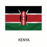 Illustration of the national flag of Kenya, featuring horizontal black, white-edged red, and green stripes with a central white Maasai shield and two crossed spears. This is available as a Cover-Alls Flags of the World Decals.