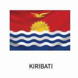 Flag of Kiribati featuring a rising sun above blue and white waves with a yellow frigatebird flying overhead, labeled