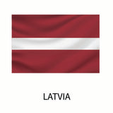 Flag of Latvia, consisting of three horizontal stripes, two dark red separated by a thinner white stripe, with the word