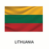 Flag of Lithuania with horizontal stripes in yellow, green, and red, and the word