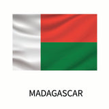 Flag of Madagascar featuring two horizontal bands of red above green with a vertical white band on the hoist side. Below the flag is the phrase