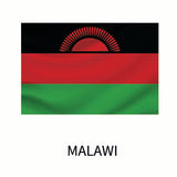 Flag of Malawi with a black, red, and green horizontal tricolor and a red rising sun on a black stripe, labeled