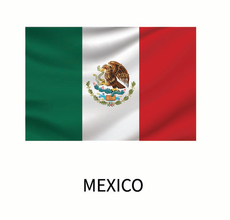 Flag of Mexico featuring three vertical stripes in green, white, and red with the national coat of arms centered on the white stripe, available as a Cover-Alls Flags of the World Decal in custom size.