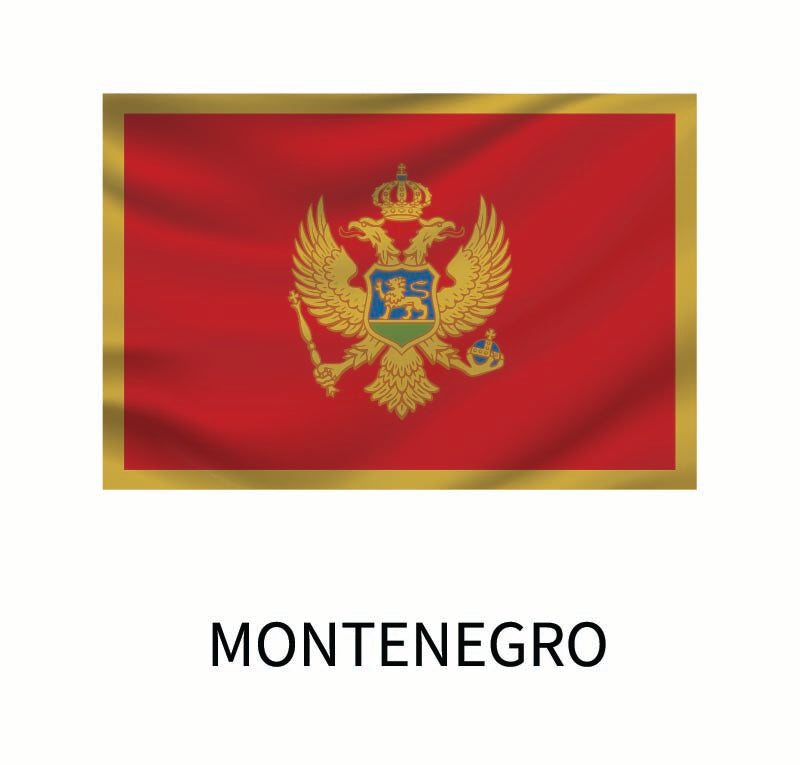 National flag of Montenegro featuring a red field with a golden border and a double-headed eagle emblem in the center, displayed above the country's name on a Cover-Alls Flags of the World Decals.