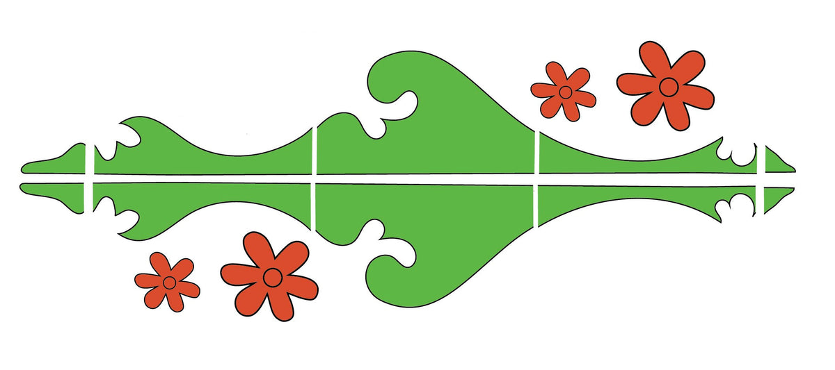 Green and orange custom decals set featuring "The Mystery Machine" text, floral designs, and decorative shapes for vehicle decoration. Perfect for fans of the Scooby Doo series looking to transform their ride with a complete Cover-Alls Mystery Machine Kit.