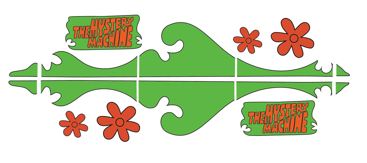 Green and orange custom decals for the Cover-Alls Mystery Machine Kit, featuring floral shapes and two "The Mystery Machine" labels on a white background—ideal for Scooby Doo fans.