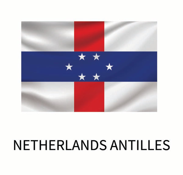 Flag of the Netherlands Antilles, featuring a white field with a red vertical stripe and a blue horizontal stripe, intersected by white stars, available as a Cover-Alls Flags of the World Decals.