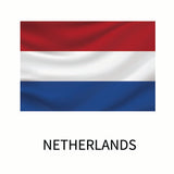 Flag of the Netherlands displayed with horizontal bands of red, white, and blue, with the word