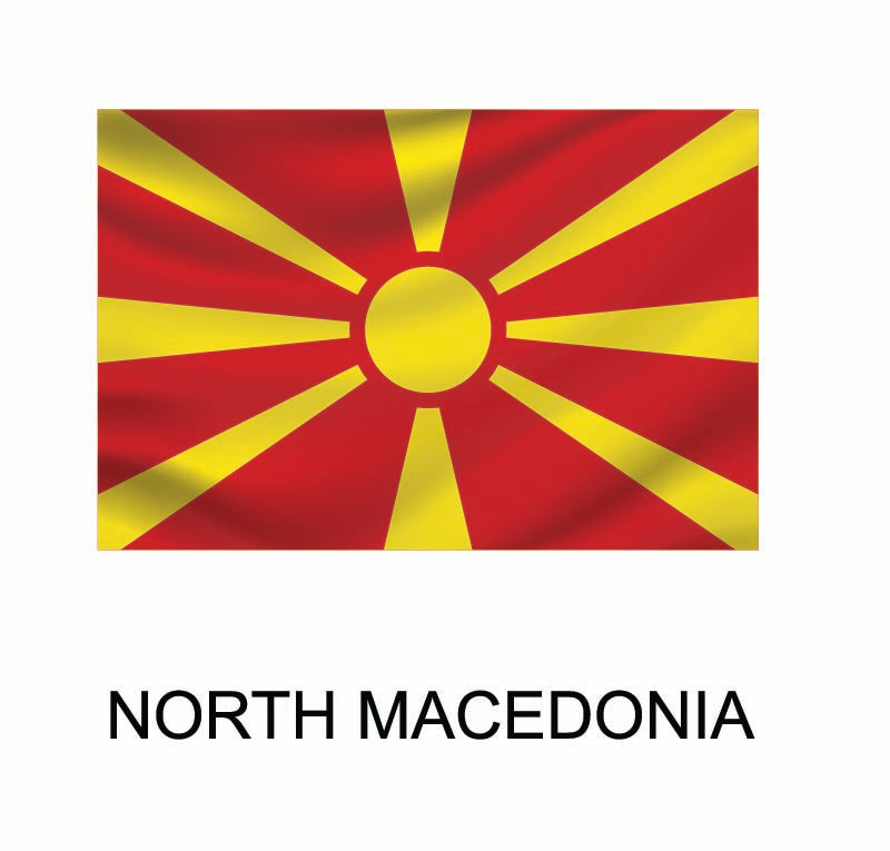 Cover-Alls Flags of the World Decals featuring a yellow sun with eight extending rays centered on a red background, with the country name below in bold text, available as custom size decal.