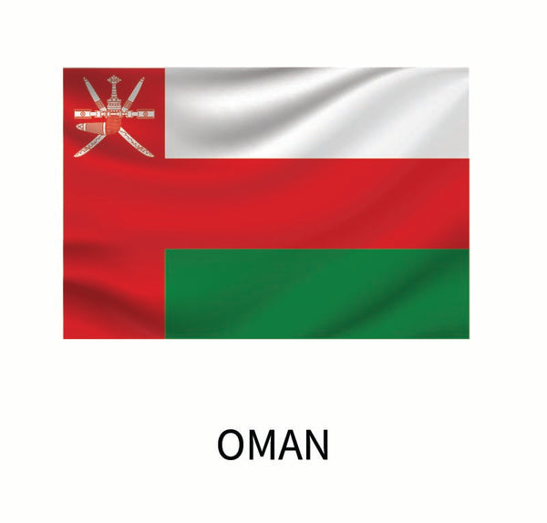 Flag of Oman featuring horizontal stripes of white, red, and green, and a red vertical stripe with a national emblem at the hoist is available as a Cover-Alls Flags of the World Decal.