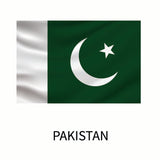 Pakistan Flag featuring a white crescent moon and star on a dark green background with the word
