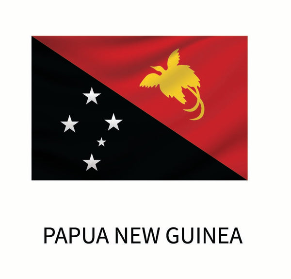 Flag of Papua New Guinea featuring a diagonal black and red split with the Raggiana bird-of-paradise and the Southern Cross constellation, available as a Cover-Alls flags of the world decal.