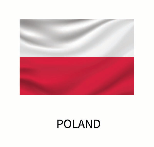 The national flag of Poland, featuring two horizontal bands, white on the top and red on the bottom, with the word "Poland" below, is available as a Cover-Alls Flags of the World Decal.