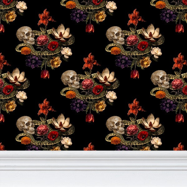 The Dark Romance Self-Adhesive Wallpaper by Contrado showcases a moody design characterized by a repeating pattern of skulls, vintage flowers, leaves, and snakes. It features a black background adorned with colorful decorative elements that seamlessly meet a white baseboard at the lower edge.