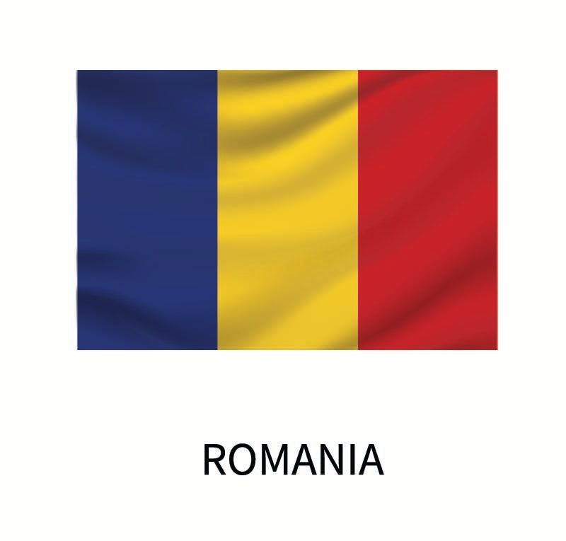 The national flag of Romania, depicted on a custom size Flags of the World Decal from Cover-Alls, features three vertical stripes in blue, yellow, and red from left to right.