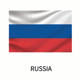 Illustration of a draped Russian flag from the Cover-Alls Flags of the World Decals collection, featuring white, blue, and red horizontal stripes, with the word