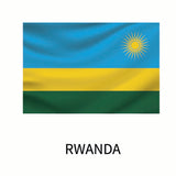 Flag of Rwanda featuring three horizontal stripes in blue, yellow, and green with a yellow sun in the upper right corner, and the name