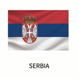 Flag of Serbia with a centered national coat of arms featuring a double-headed eagle and a crown, displayed above the country name