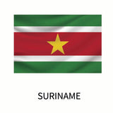 Flag of Suriname: Horizontal bands of green at the top and bottom, a white middle band framed by narrow red bands, with a large yellow star in the center. Below, the text