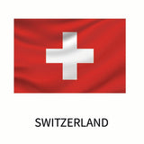 Flag of Switzerland featuring a white cross on a red background, with the word