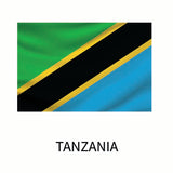 Flag of Tanzania: a diagonal green and blue sections divided by a black band edged in yellow, featuring the label