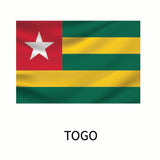 Flag of Togo featuring three horizontal stripes in green and yellow with a red square and white star in the upper left corner, labeled