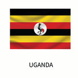Flag of Uganda with horizontal stripes of black, yellow, and red, and a central white circle featuring a grey crowned crane, above the word
