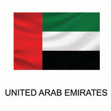 Flag of the United Arab Emirates with horizontal bands of green, white, black, and a vertical red band on the left, labeled