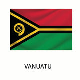 Flag of Vanuatu with a black triangle, yellow tusk, and crossed fern fronds emblem, striped in red and green, above the name