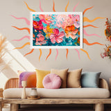A cozy living space features a beige sofa with colorful cushions, a Beyond the Frame Retro Sun Ray Decal Set by Cover-Alls on the wall, and dried plants in vases, creating a warm and inviting atmosphere with a groovy retro vibe.