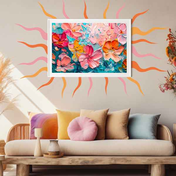 A cozy living space features a beige sofa with colorful cushions, a Beyond the Frame Retro Sun Ray Decal Set by Cover-Alls on the wall, and dried plants in vases, creating a warm and inviting atmosphere with a groovy retro vibe.