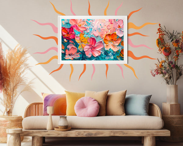 A cozy living space features a beige sofa with colorful cushions, a Beyond the Frame Retro Sun Ray Decal Set by Cover-Alls on the wall, and dried plants in vases, creating a warm and inviting atmosphere with a groovy retro vibe.