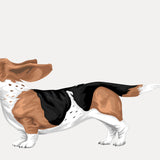 Illustration of a tricolor Beagle dog standing with ears flapping back, as if in motion, perfect for custom pet illustration requests or personalized pet products like Custom Pet Drawing by Cover-Alls.