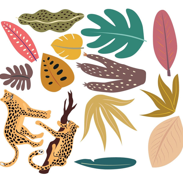 Illustration of the Boho Leopard Collection by Cover-Alls, featuring two leopards surrounded by a variety of colorful tropical leaves and fruit, presented in a flat, graphic style with simplified leaves.