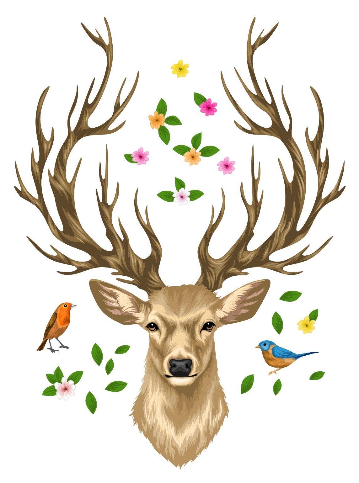Illustrated Deer Head with Antlers, <br>Flowers and Birds by Cover-Alls surrounded by whimsical flowers, leaves, a robin on the left, and a bluebird on the right; perfect for nature home decor.