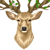 Illustration of a whimsical deer head with antlers, adorned with green leaves and a pink flower, perfect for nature home decor. Introducing the Deer Head with Antlers, <br>Flowers and Birds by Cover-Alls.
