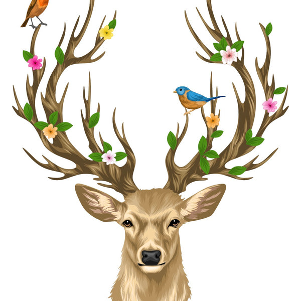 Illustration of a deer head with antlers adorned with whimsical flowers and leaves, and two birds perched on the antlers; perfect for nature home decor. Presenting "Deer Head with Antlers, <br>Flowers and Birds" by Cover-Alls.