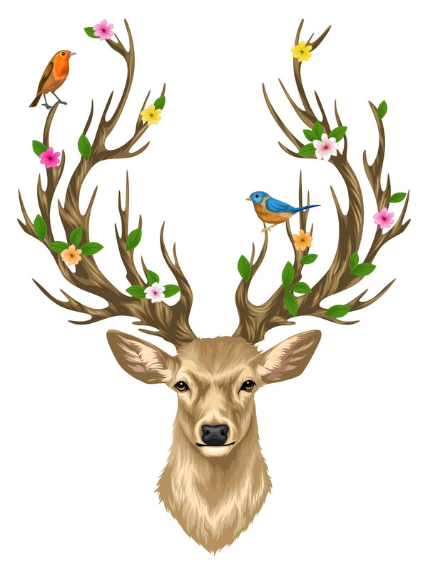Illustration of a deer head with antlers adorned with whimsical flowers and leaves, and two birds perched on the antlers; perfect for nature home decor. Presenting "Deer Head with Antlers, <br>Flowers and Birds" by Cover-Alls.