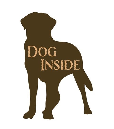 Silhouette of a dog with the words "DOG INSIDE" written on its body, standing 8 inches tall like a unique chocolate figure. Product Name: Dog Inside, Brand Name: Cover-Alls.