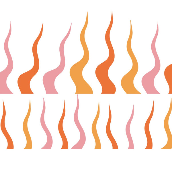 Patterns of vertical, wavy lines in various shades of orange and pink, reminiscent of a vintage poster, are arranged in two rows on a white background with the Cover-Alls Beyond the Frame Retro Sun Ray Decal Set.