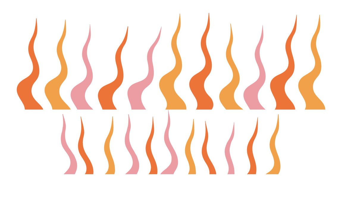 Patterns of vertical, wavy lines in various shades of orange and pink, reminiscent of a vintage poster, are arranged in two rows on a white background with the Cover-Alls Beyond the Frame Retro Sun Ray Decal Set.