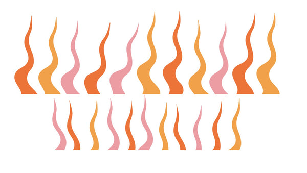 Patterns of vertical, wavy lines in various shades of orange and pink, reminiscent of a vintage poster, are arranged in two rows on a white background with the Cover-Alls Beyond the Frame Retro Sun Ray Decal Set.